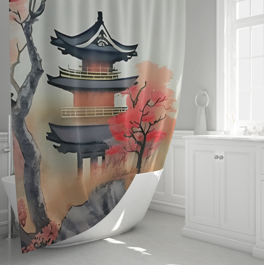 Pink Pagoda Landscape Artwork Shower Curtain