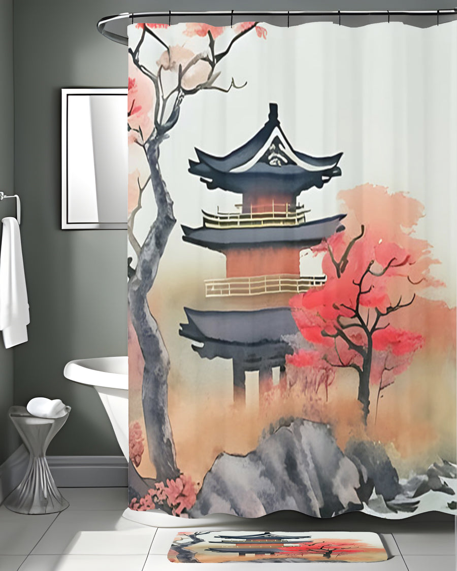 Pink Pagoda Landscape Artwork Shower Curtain
