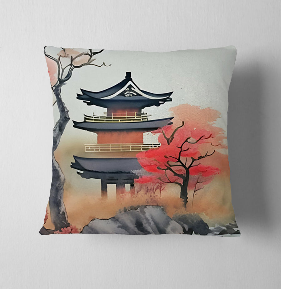 Pink Pagoda Landscape Artwork Throw Pillow Cover