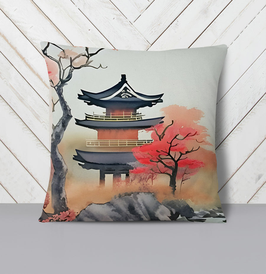 Pink Pagoda Landscape Artwork Throw Pillow Cover