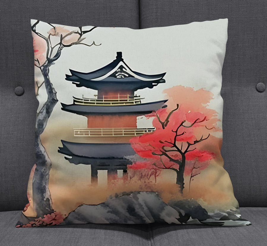 Pink Pagoda Landscape Artwork Throw Pillow Cover