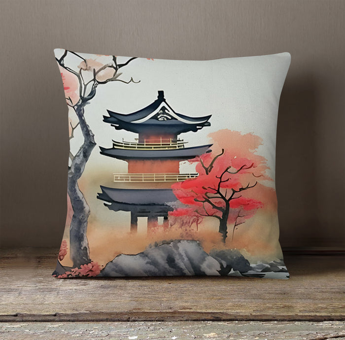 Pink Pagoda Landscape Artwork Throw Pillow Cover