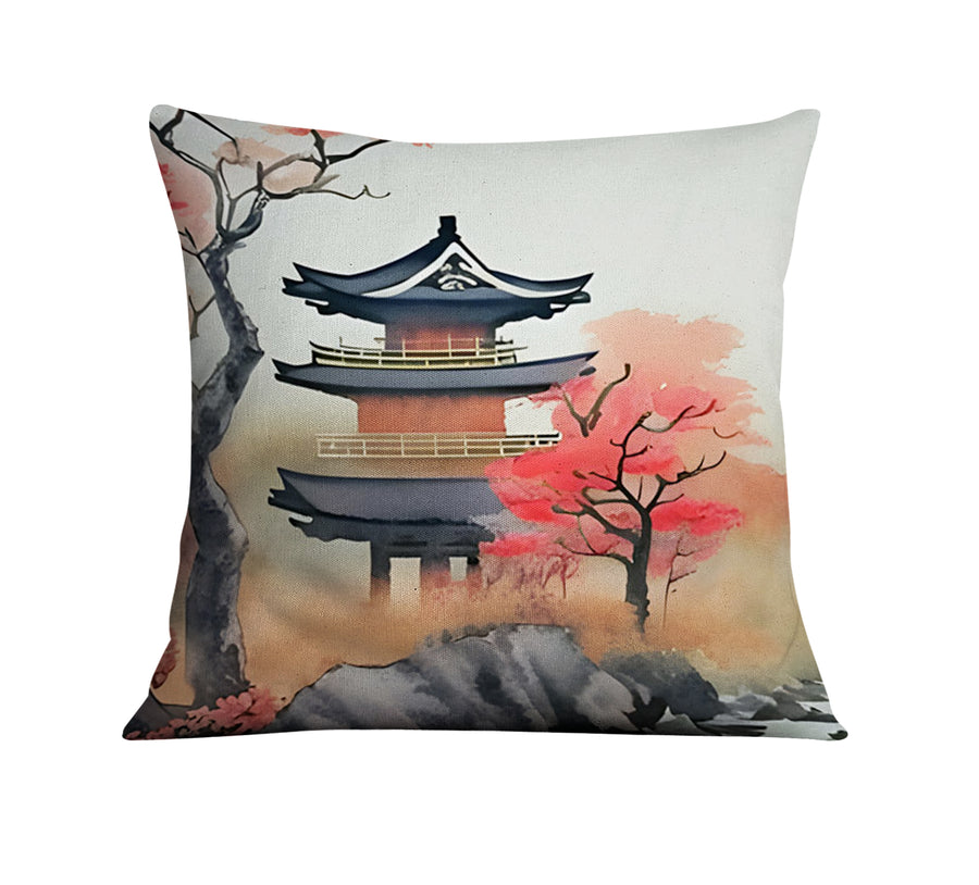 Pink Pagoda Landscape Artwork Throw Pillow Cover