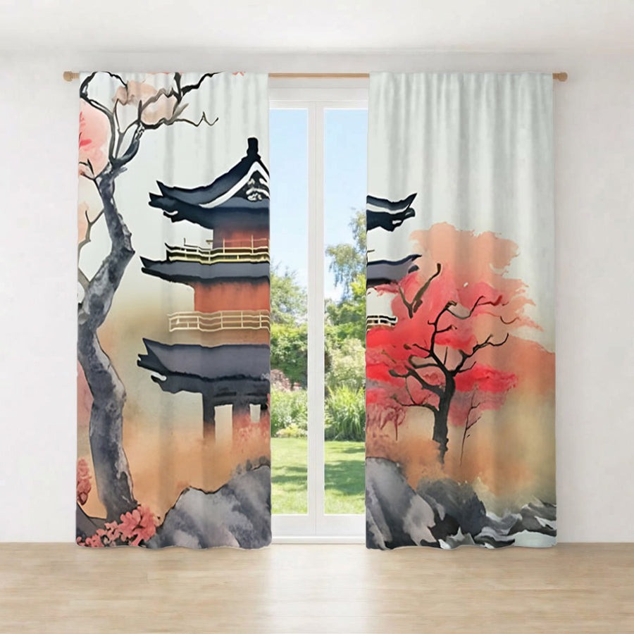 Pink Pagoda Landscape Artwork Window Curtains