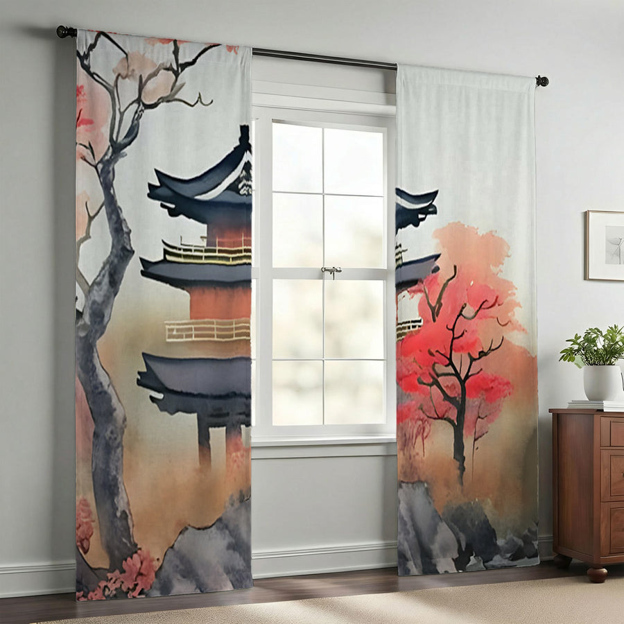 Pink Pagoda Landscape Artwork Window Curtains