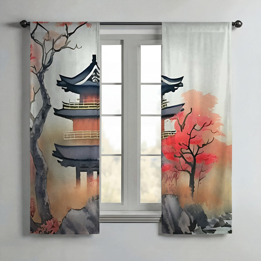 Pink Pagoda Landscape Artwork Window Curtains