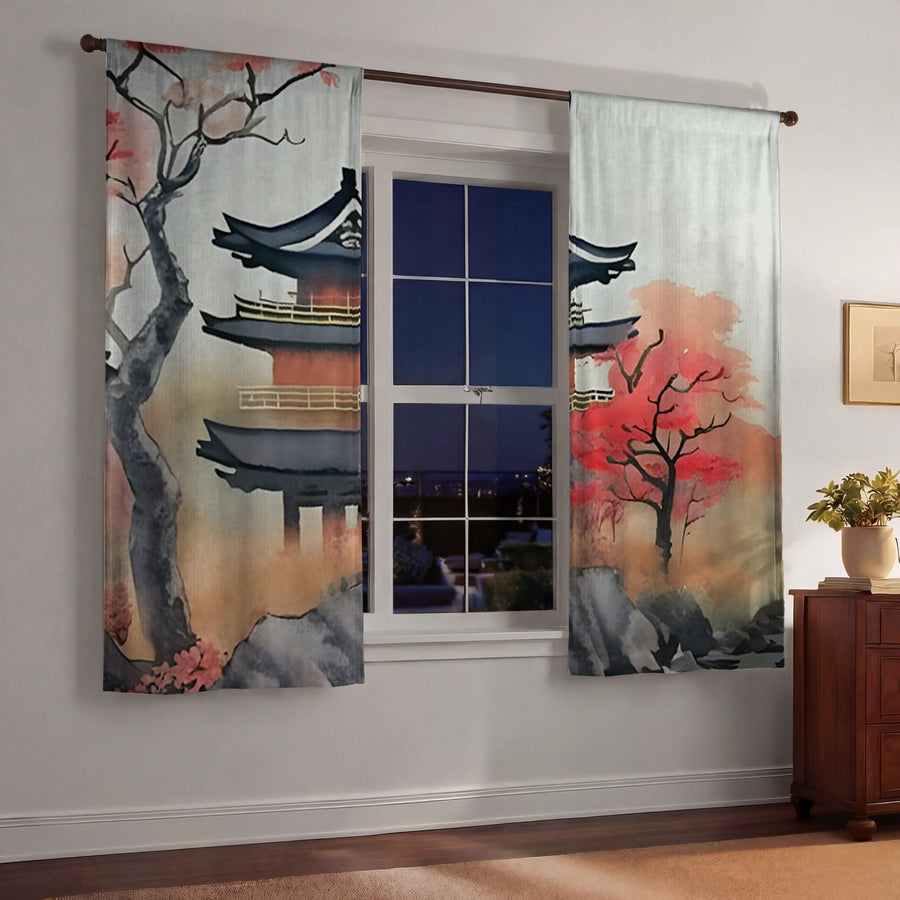 Pink Pagoda Landscape Artwork Window Curtains