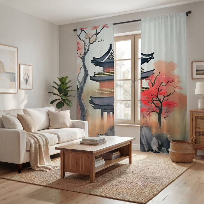 Pink Pagoda Landscape Artwork Window Curtains