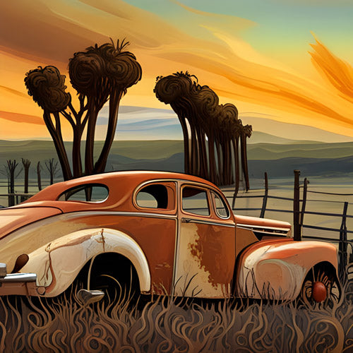 Orange Vintage Truck Sunset Artwork