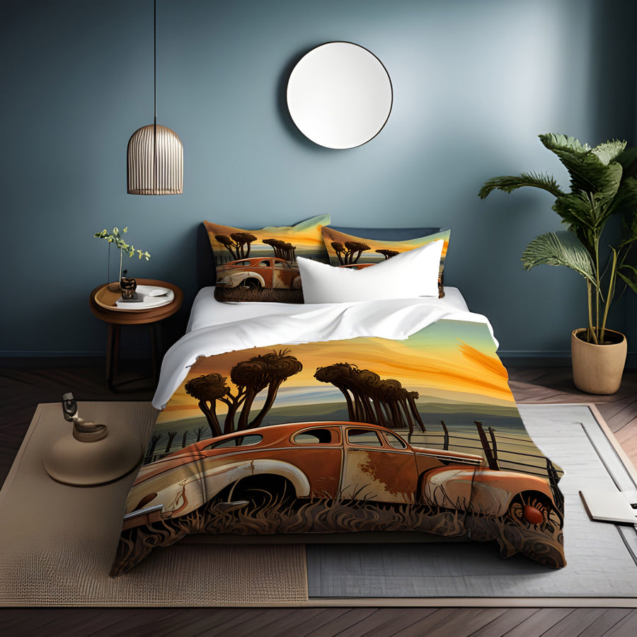 Orange Vintage Truck Sunset Artwork Duvet Cover
