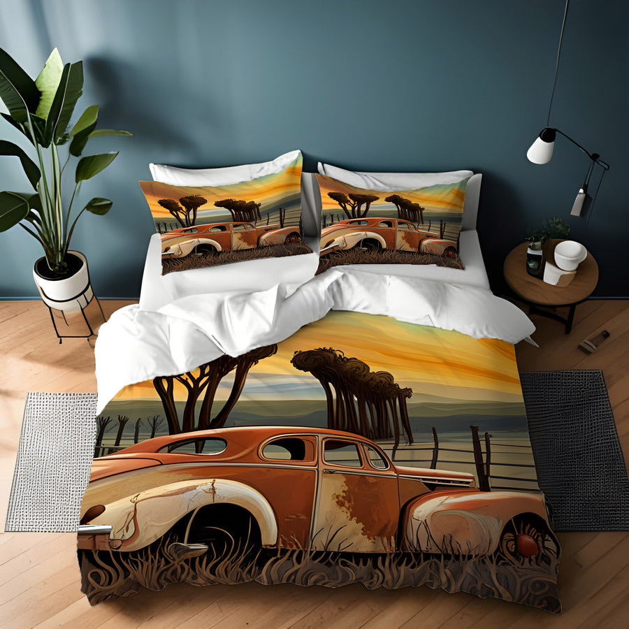 Orange Vintage Truck Sunset Artwork Duvet Cover