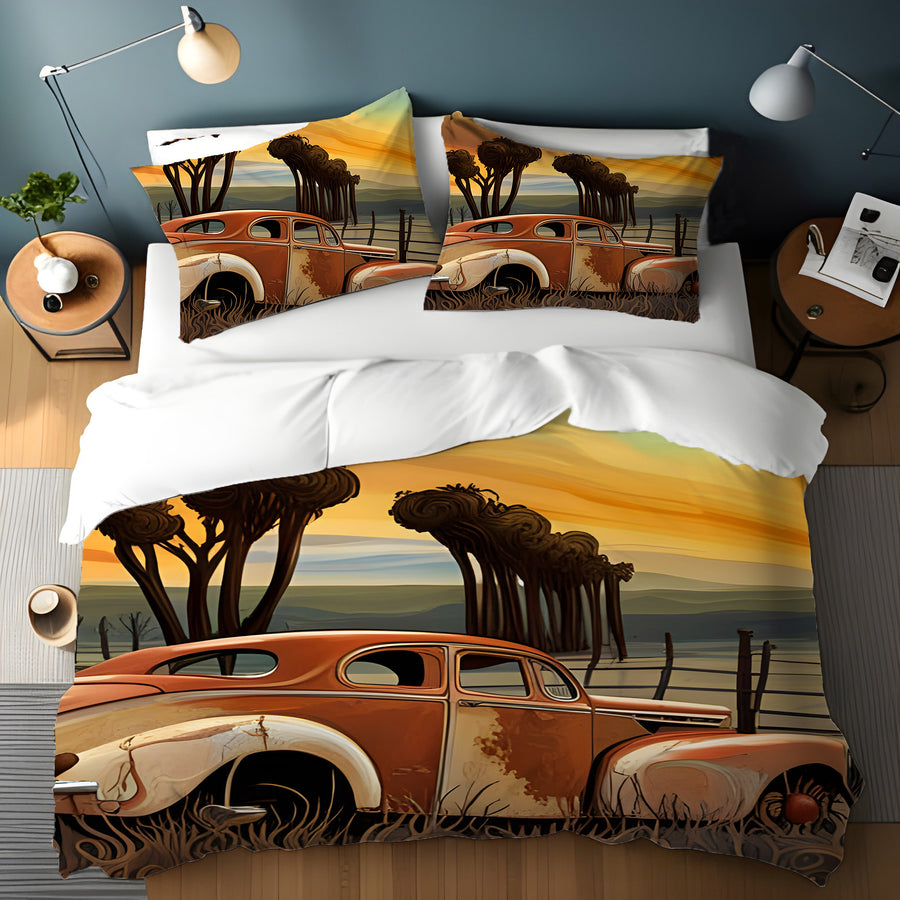 Orange Vintage Truck Sunset Artwork Duvet Cover