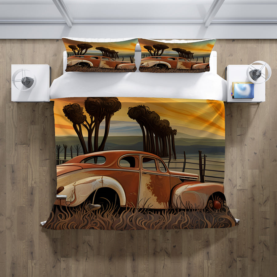 Orange Vintage Truck Sunset Artwork Duvet Cover