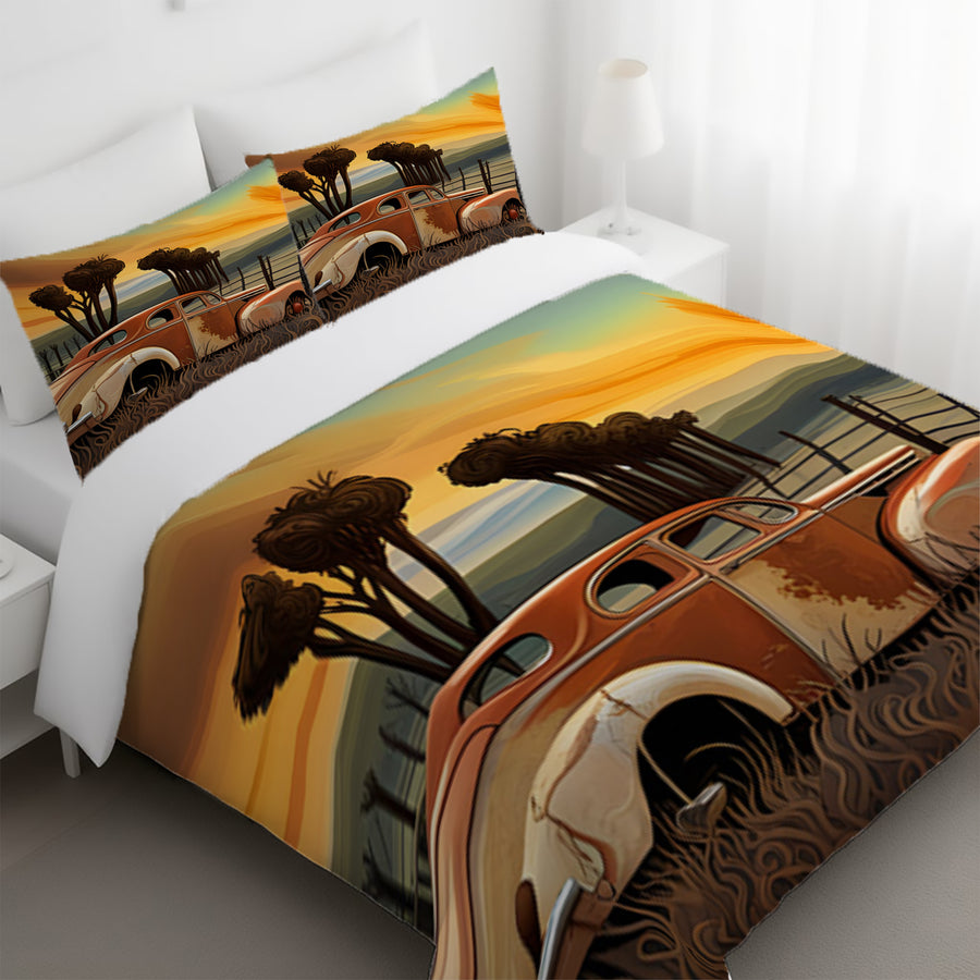 Orange Vintage Truck Sunset Artwork Duvet Cover