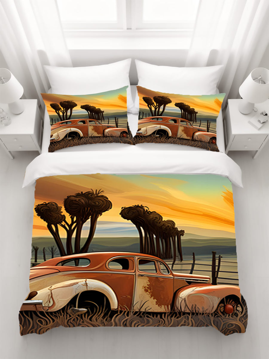 Orange Vintage Truck Sunset Artwork Duvet Cover
