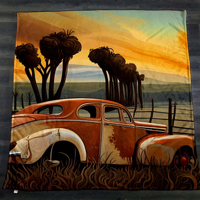 Orange Vintage Truck Sunset Artwork Fleece Sherpa Blanket