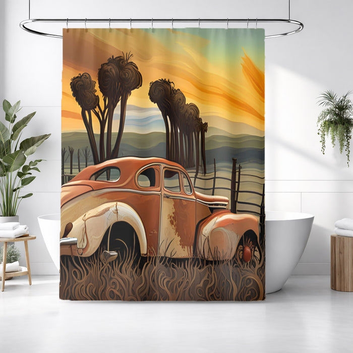 Orange Vintage Truck Sunset Artwork Shower Curtain