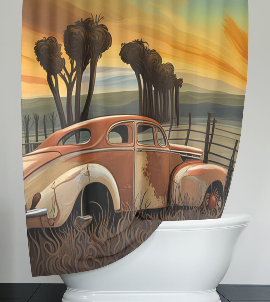 Orange Vintage Truck Sunset Artwork Shower Curtain
