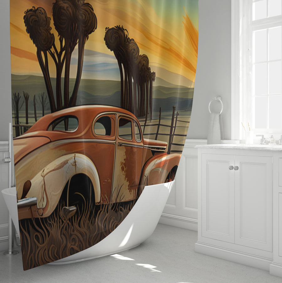 Orange Vintage Truck Sunset Artwork Shower Curtain