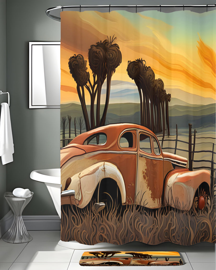 Orange Vintage Truck Sunset Artwork Shower Curtain