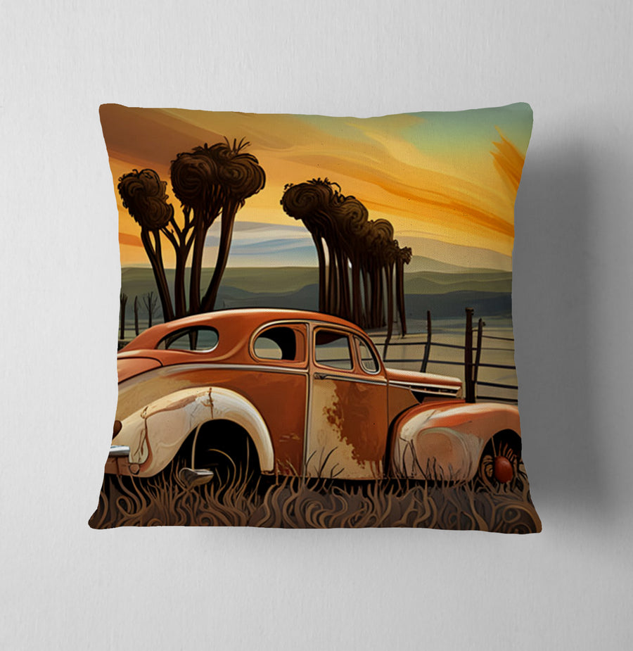 Orange Vintage Truck Sunset Artwork Throw Pillow Cover