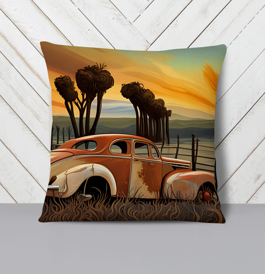Orange Vintage Truck Sunset Artwork Throw Pillow Cover
