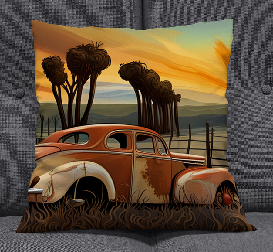 Orange Vintage Truck Sunset Artwork Throw Pillow Cover