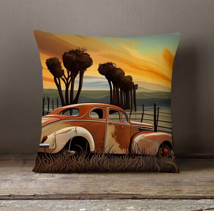 Orange Vintage Truck Sunset Artwork Throw Pillow Cover