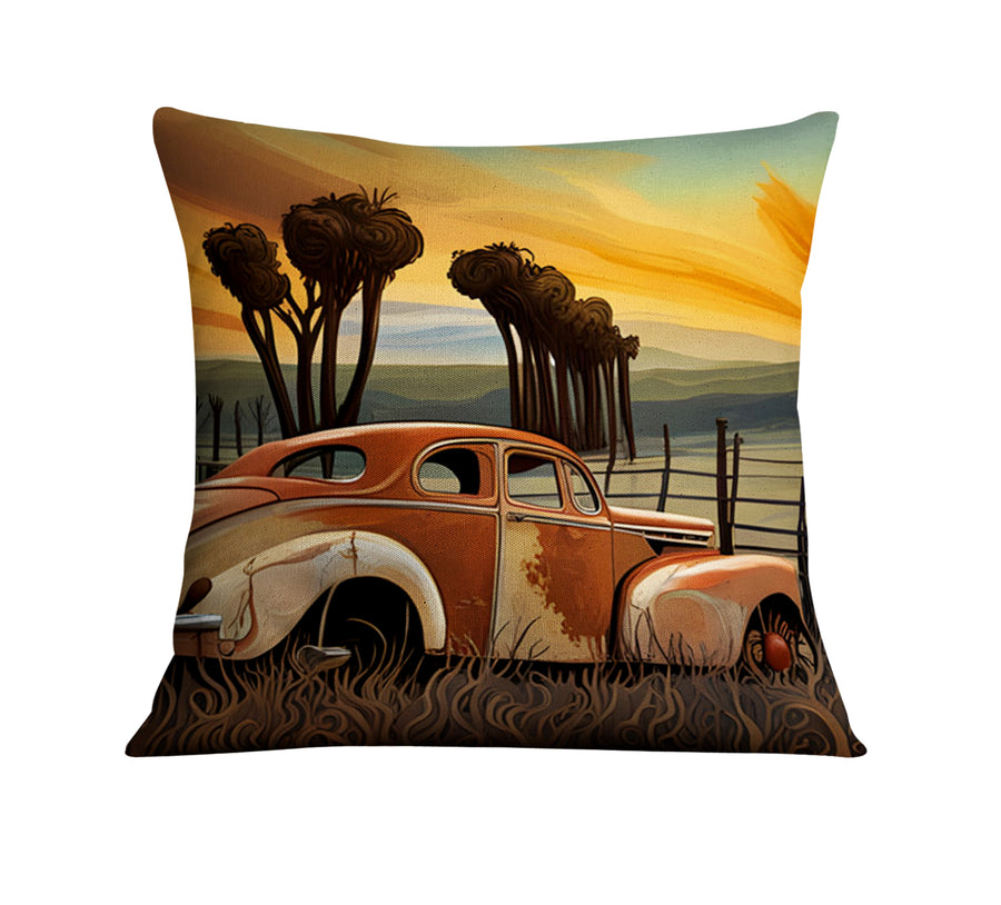 Orange Vintage Truck Sunset Artwork Throw Pillow Cover