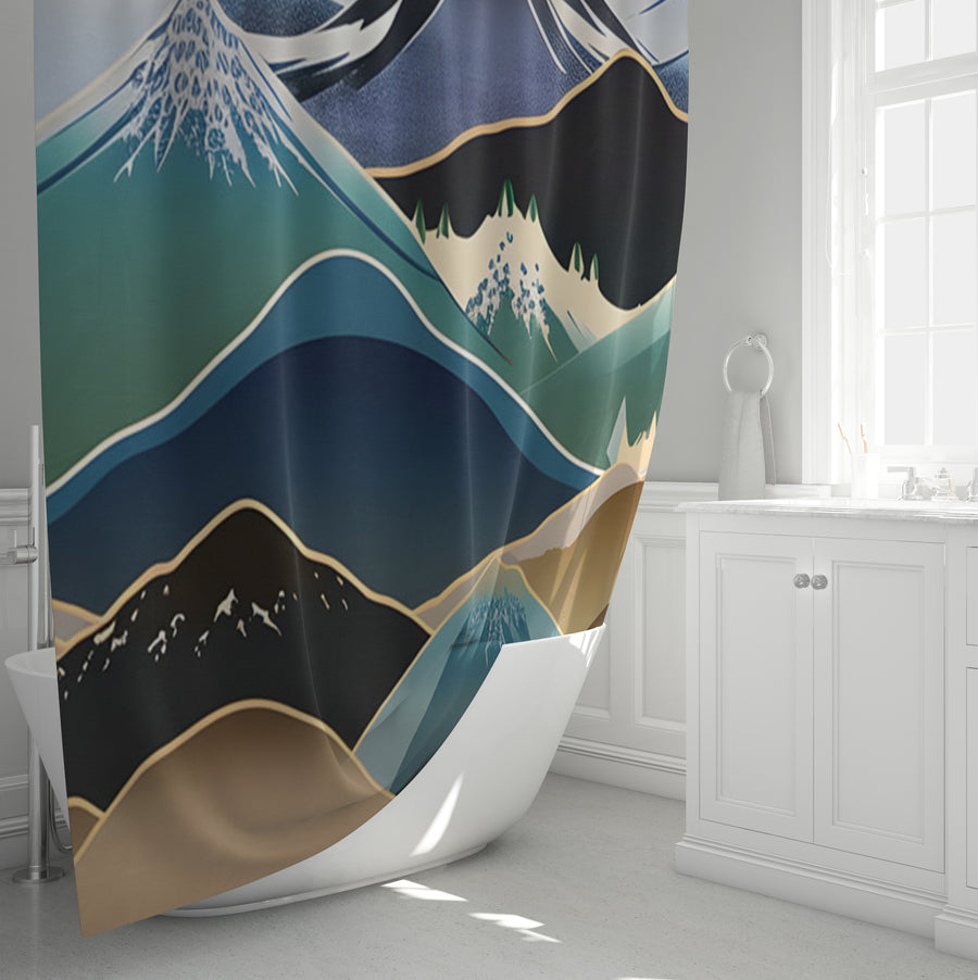 Blue Minimalist Mountain Landscape Artwork Shower Curtain
