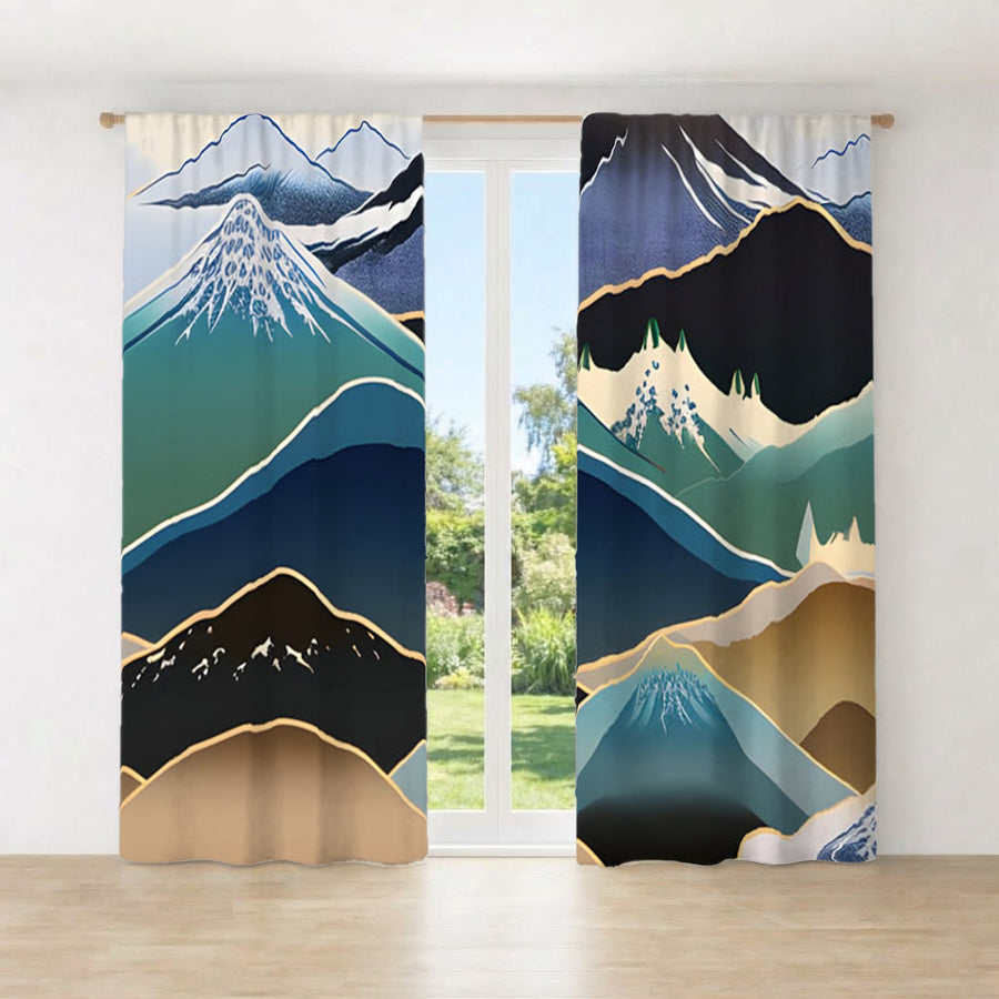 Blue Minimalist Mountain Landscape Artwork Window Curtains