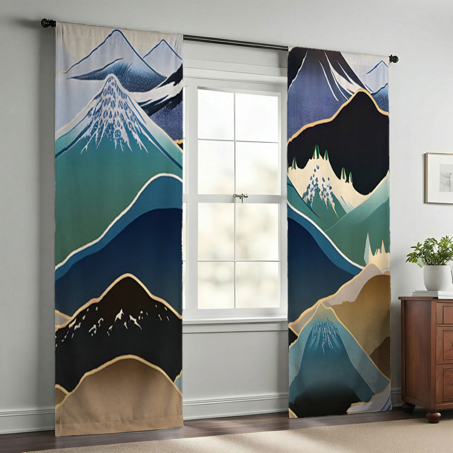 Blue Minimalist Mountain Landscape Artwork Window Curtains