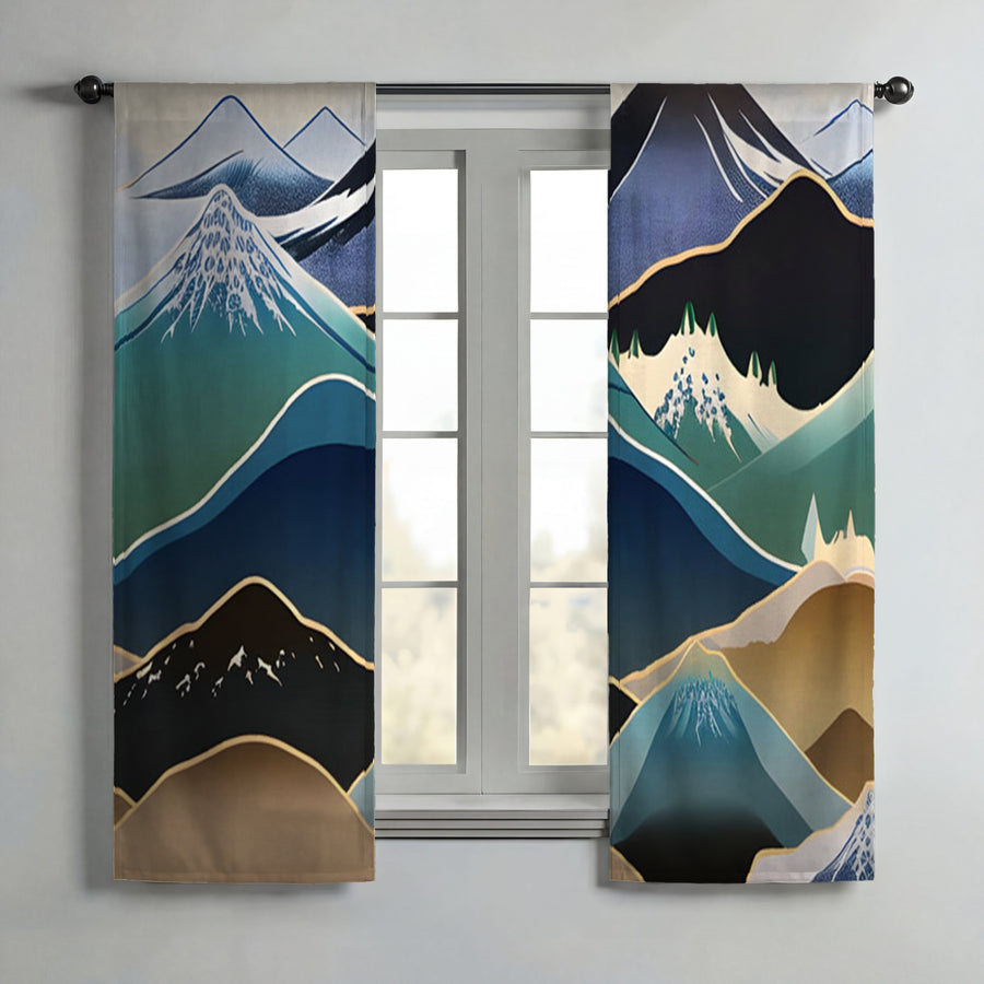 Blue Minimalist Mountain Landscape Artwork Window Curtains