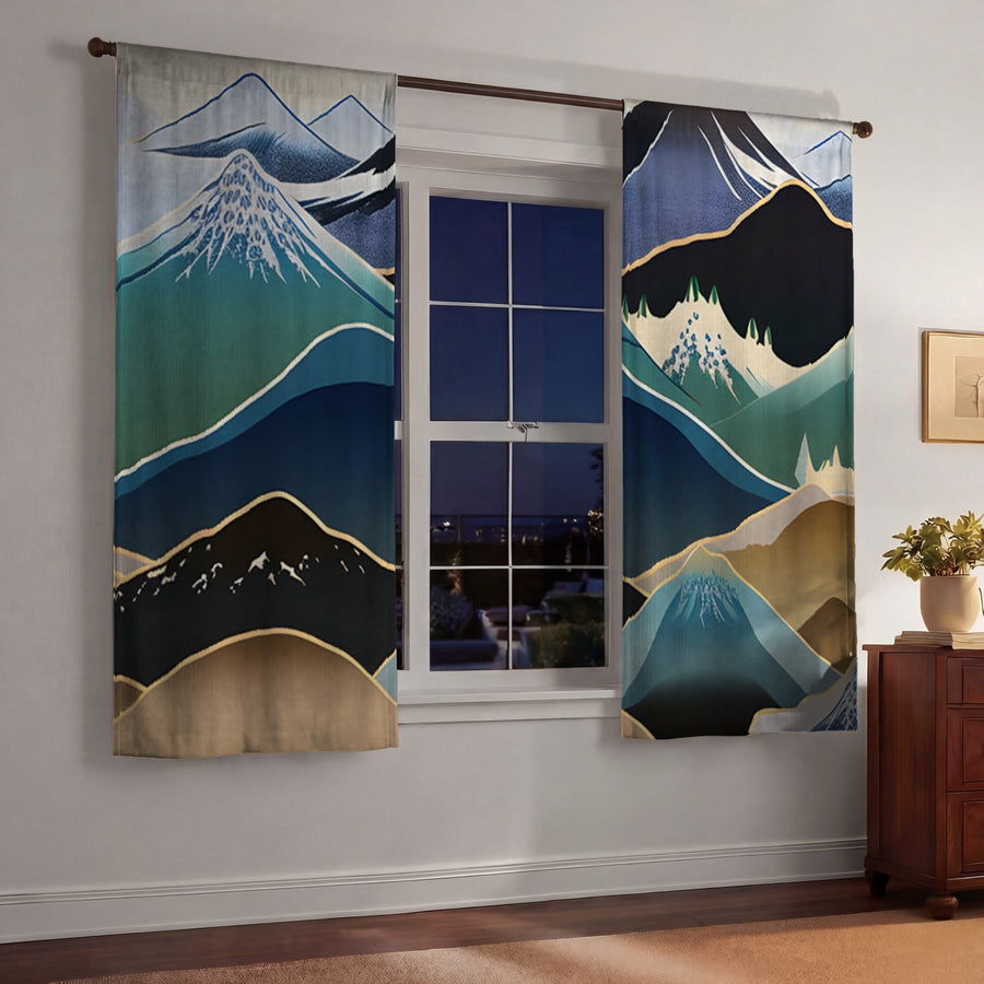 Blue Minimalist Mountain Landscape Artwork Window Curtains