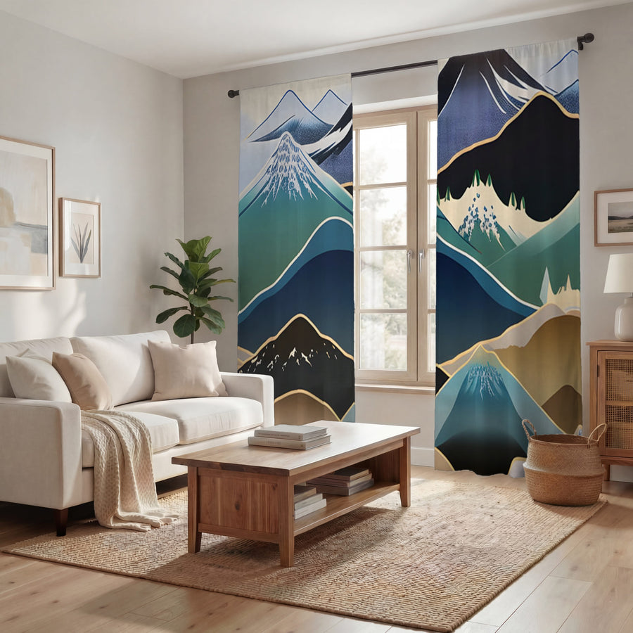 Blue Minimalist Mountain Landscape Artwork Window Curtains