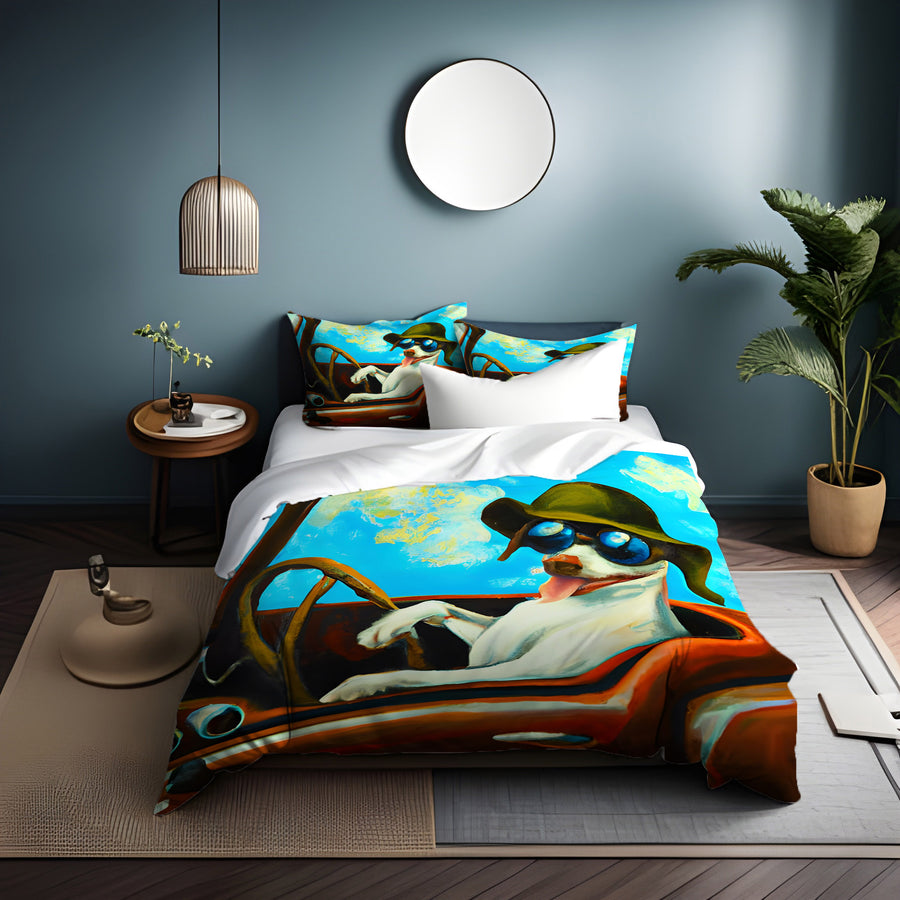 Blue Retro Dog Portrait Artwork Duvet Cover