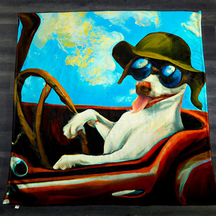 Blue Retro Dog Portrait Artwork Fleece Sherpa Blanket