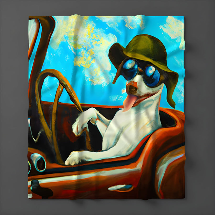 Blue Retro Dog Portrait Artwork Fleece Sherpa Blanket