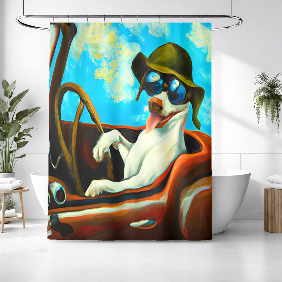 Blue Retro Dog Portrait Artwork Shower Curtain