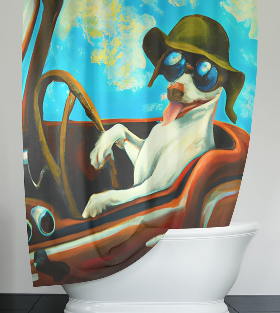 Blue Retro Dog Portrait Artwork Shower Curtain