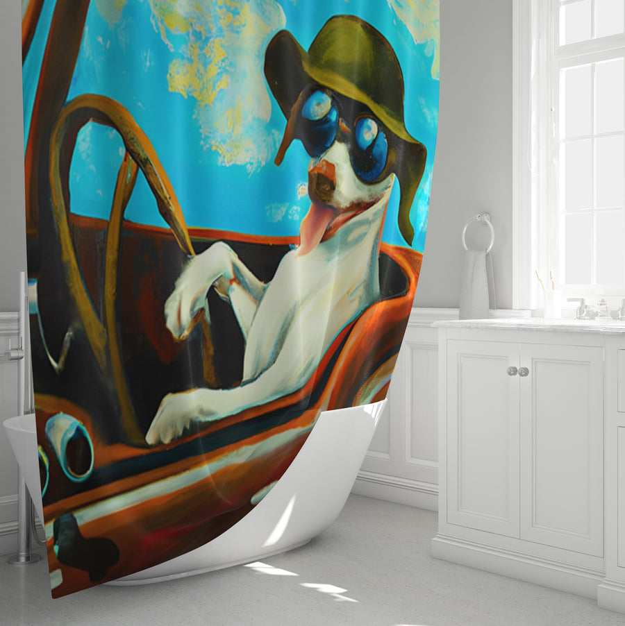 Blue Retro Dog Portrait Artwork Shower Curtain