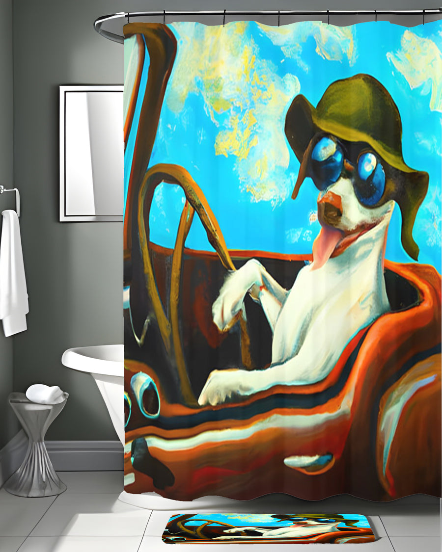 Blue Retro Dog Portrait Artwork Shower Curtain