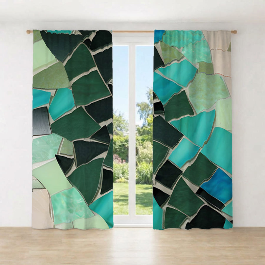 Teal Mosaic Geometric Pattern Window Curtains