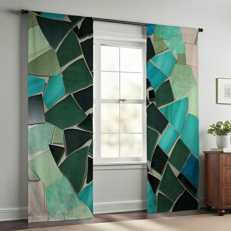Teal Mosaic Geometric Pattern Window Curtains