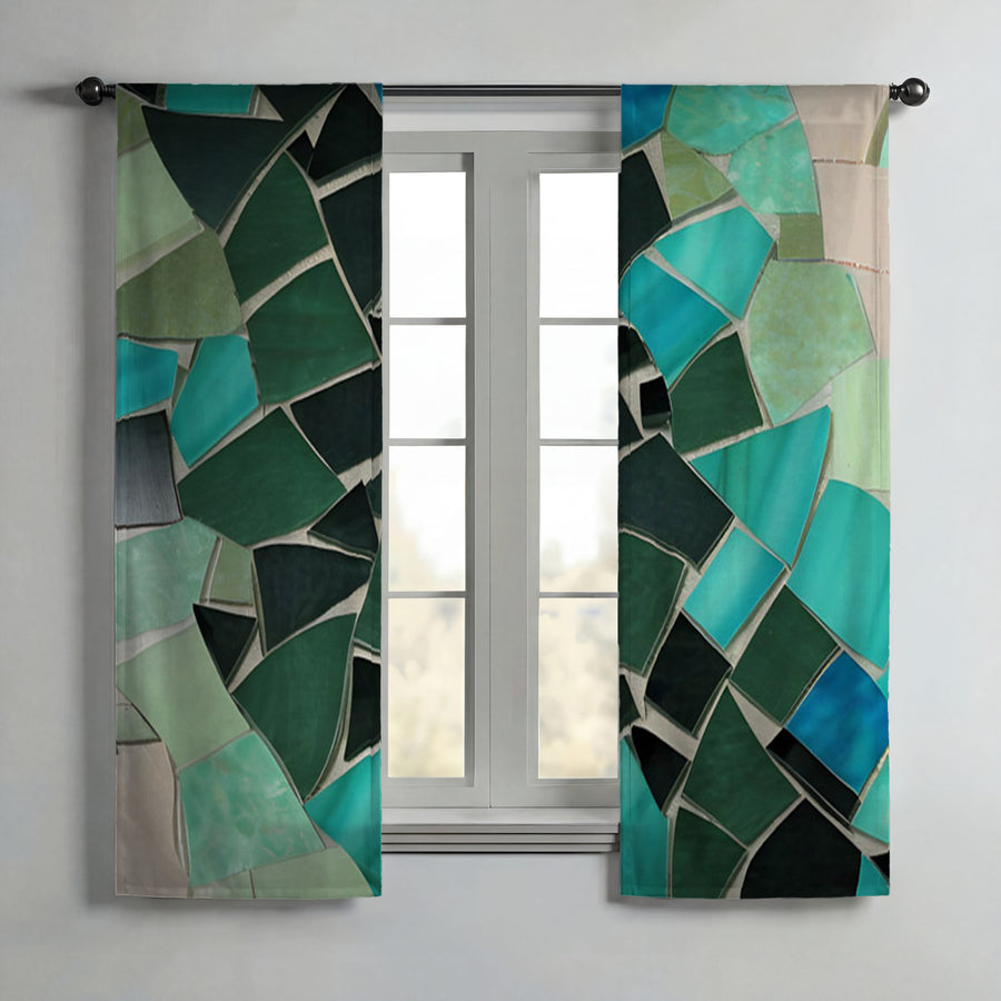 Teal Mosaic Geometric Pattern Window Curtains
