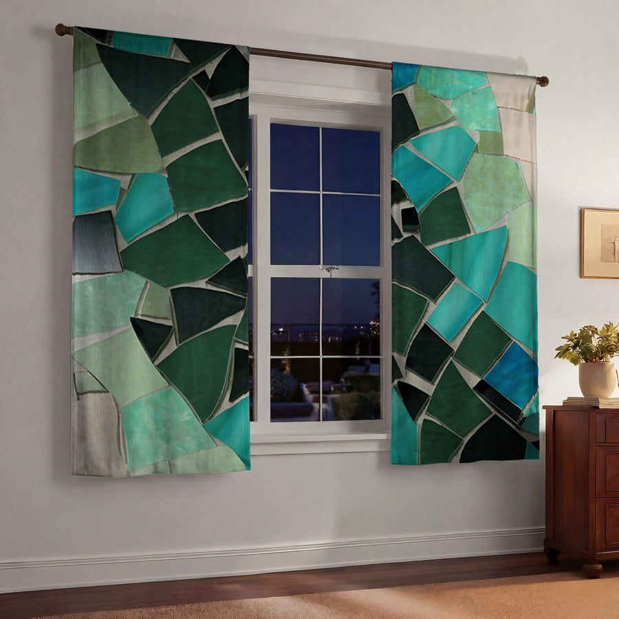 Teal Mosaic Geometric Pattern Window Curtains