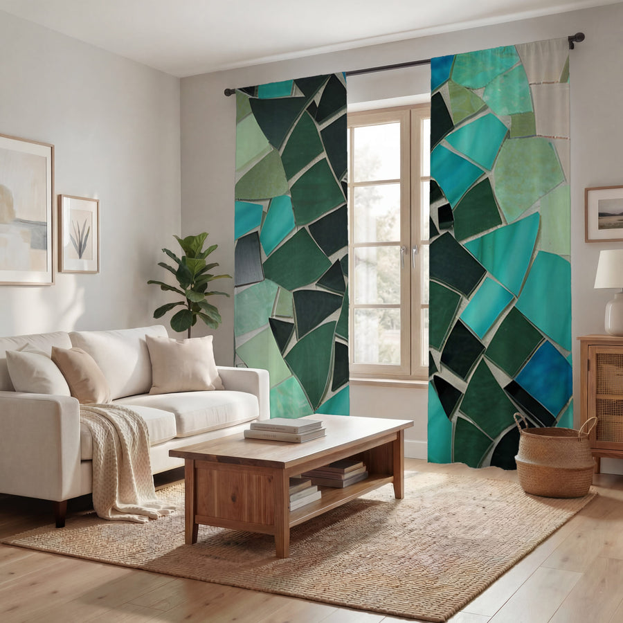 Teal Mosaic Geometric Pattern Window Curtains