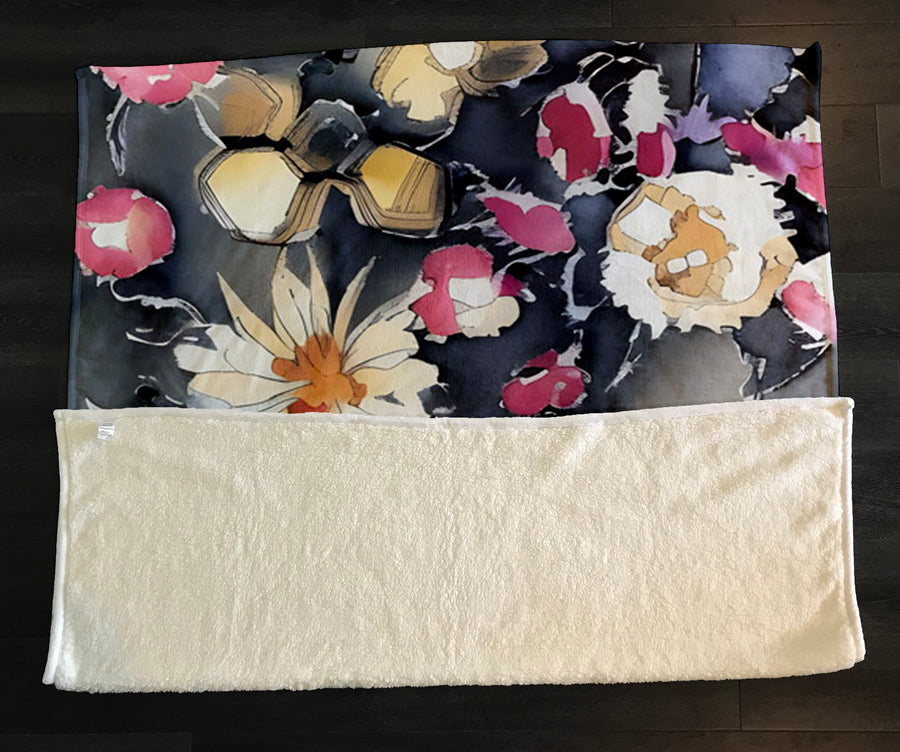 Pink Floral Garden Artwork Fleece Sherpa Blanket