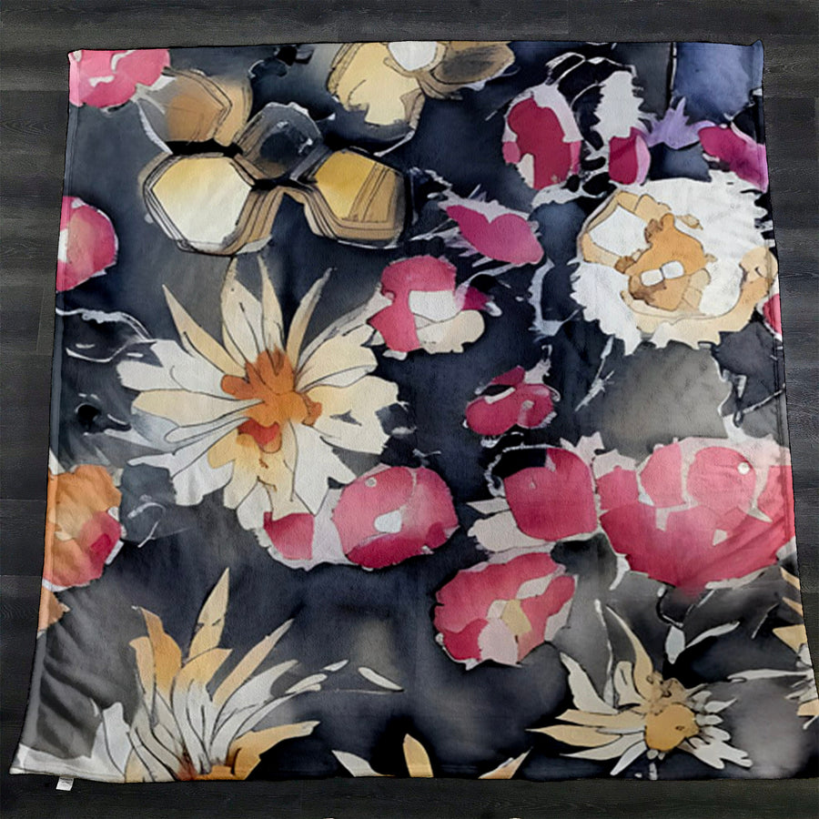 Pink Floral Garden Artwork Fleece Sherpa Blanket