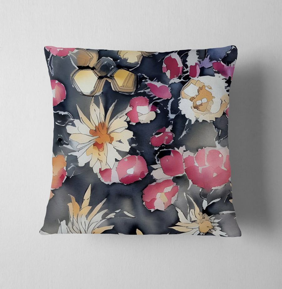Pink Floral Garden Artwork Throw Pillow Cover